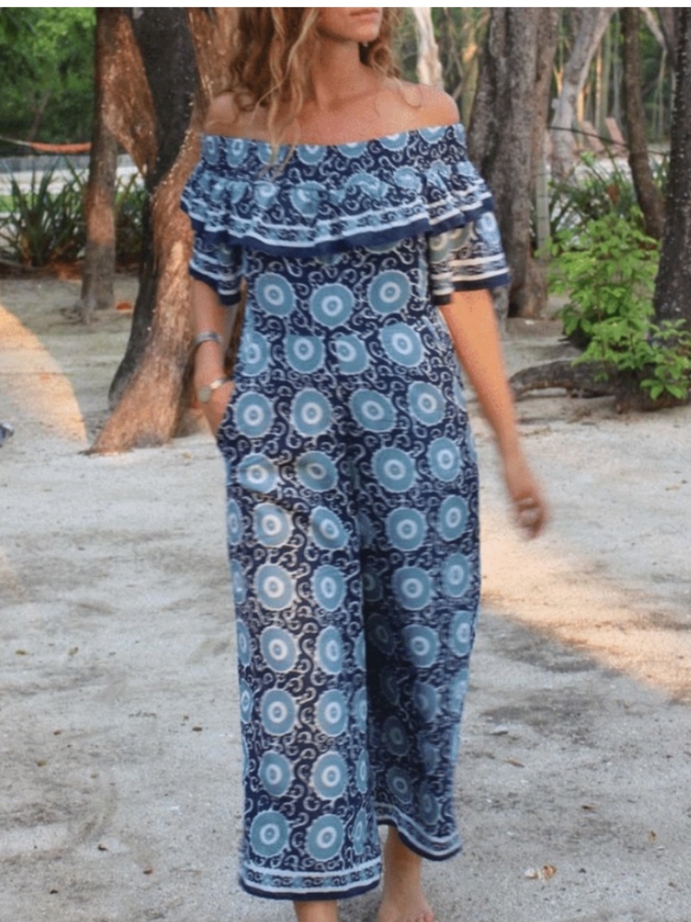 Anthropologie Kopal Off-Shoulder Blue Patterned Jumpsuit